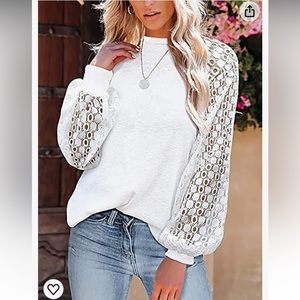 Long lace sleeve waffle knit white top